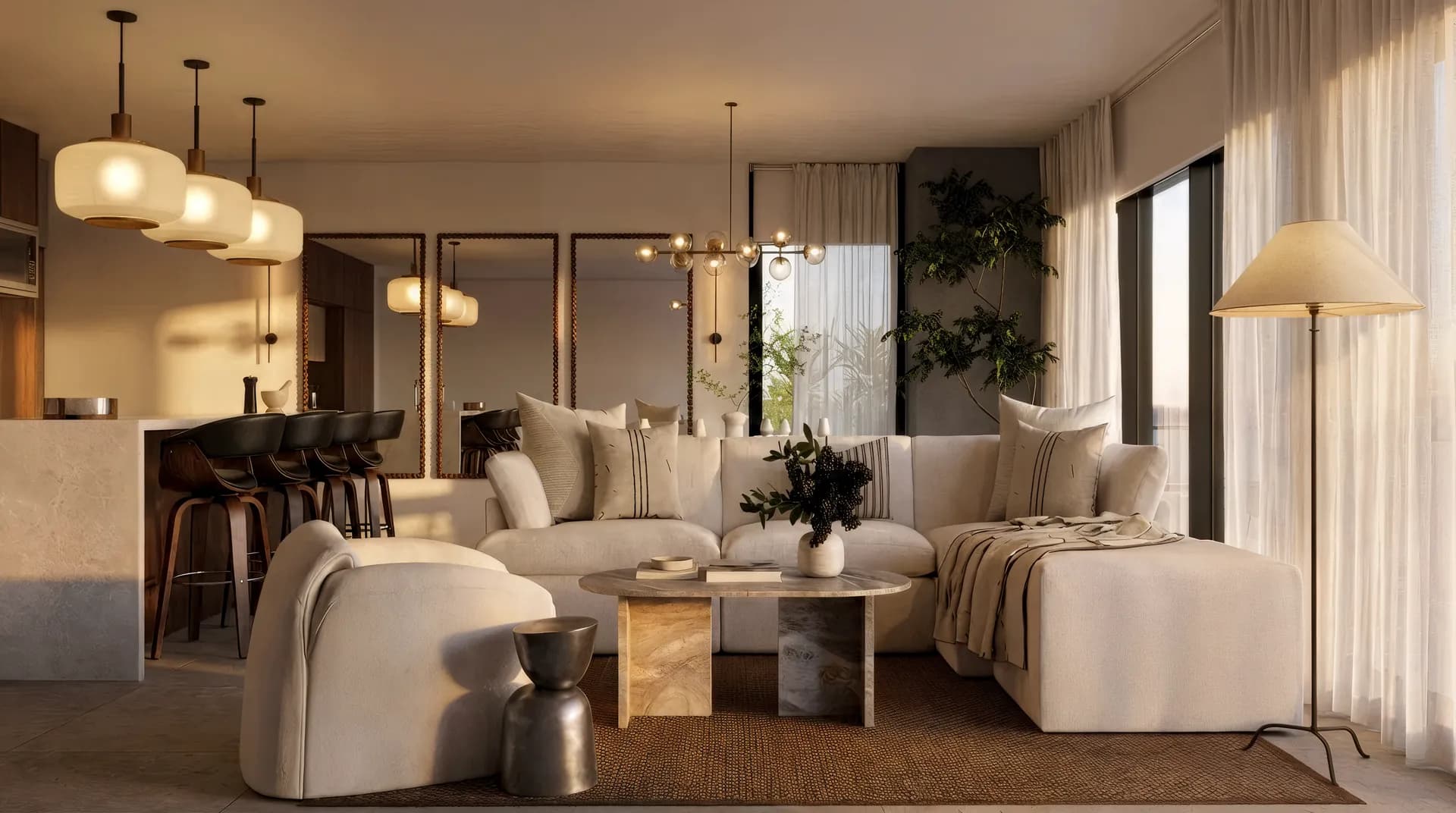 Warm minimalist living room with curved sofa and arched window